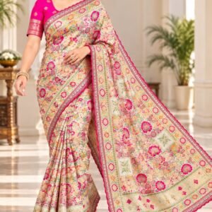 Pure Row Silk Pashmina Saree with Kashmiri Thread Jacquard Weaving & Meenakari Floral Jaal