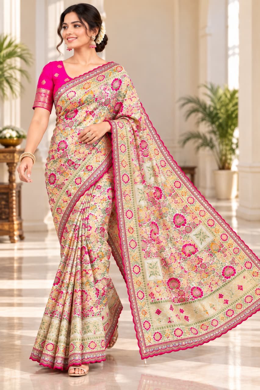 Pure Row Silk Pashmina Saree with Kashmiri Thread Jacquard Weaving & Meenakari Floral Jaal
