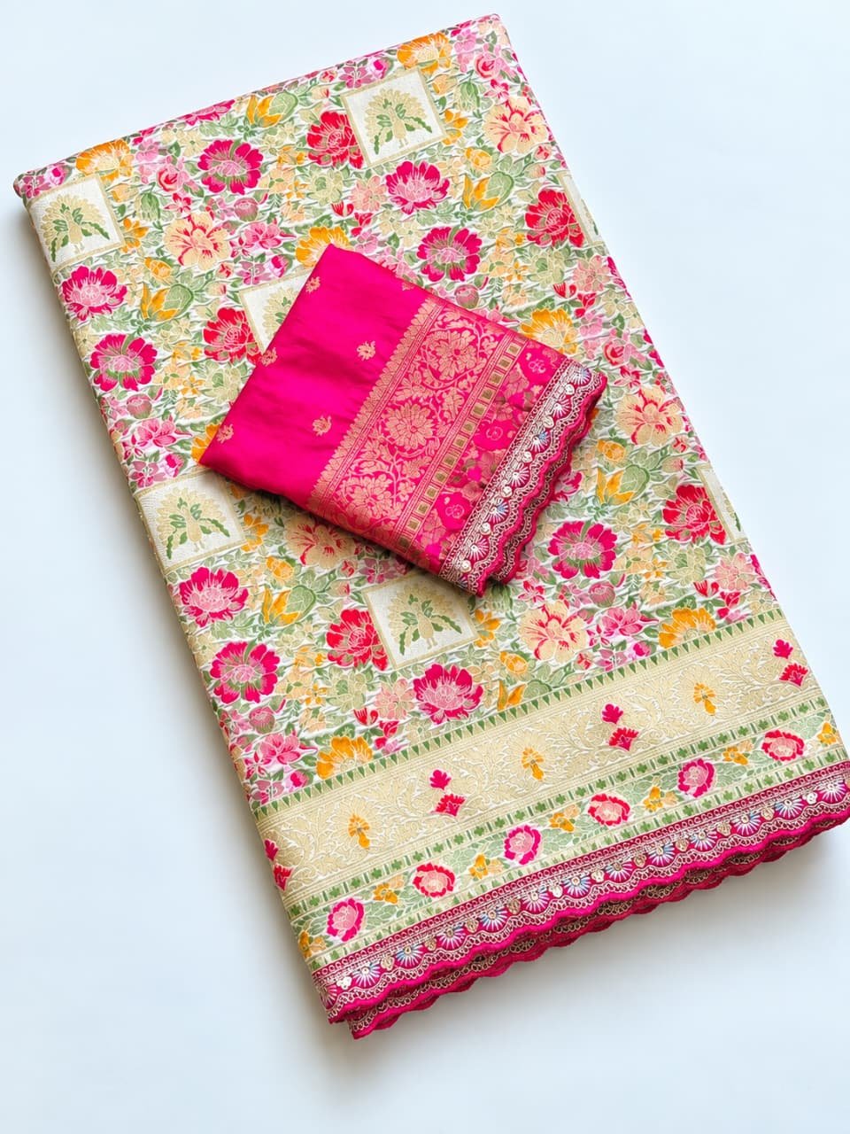 Pure Row Silk Pashmina Saree with Kashmiri Thread Jacquard Weaving & Meenakari Floral Jaal - Image 3