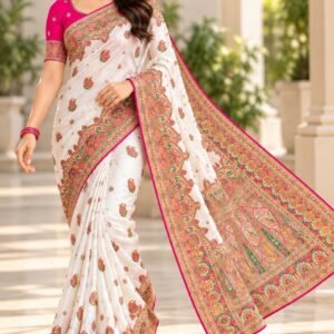 Pure Soft Rajwadi Pashmina Silk Saree with Kashmiri Thread Woven Pallu & Zari Border