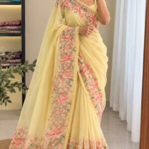 Pure Soft Organza Saree with Embroidery Thread Work & Cotton Lace Border