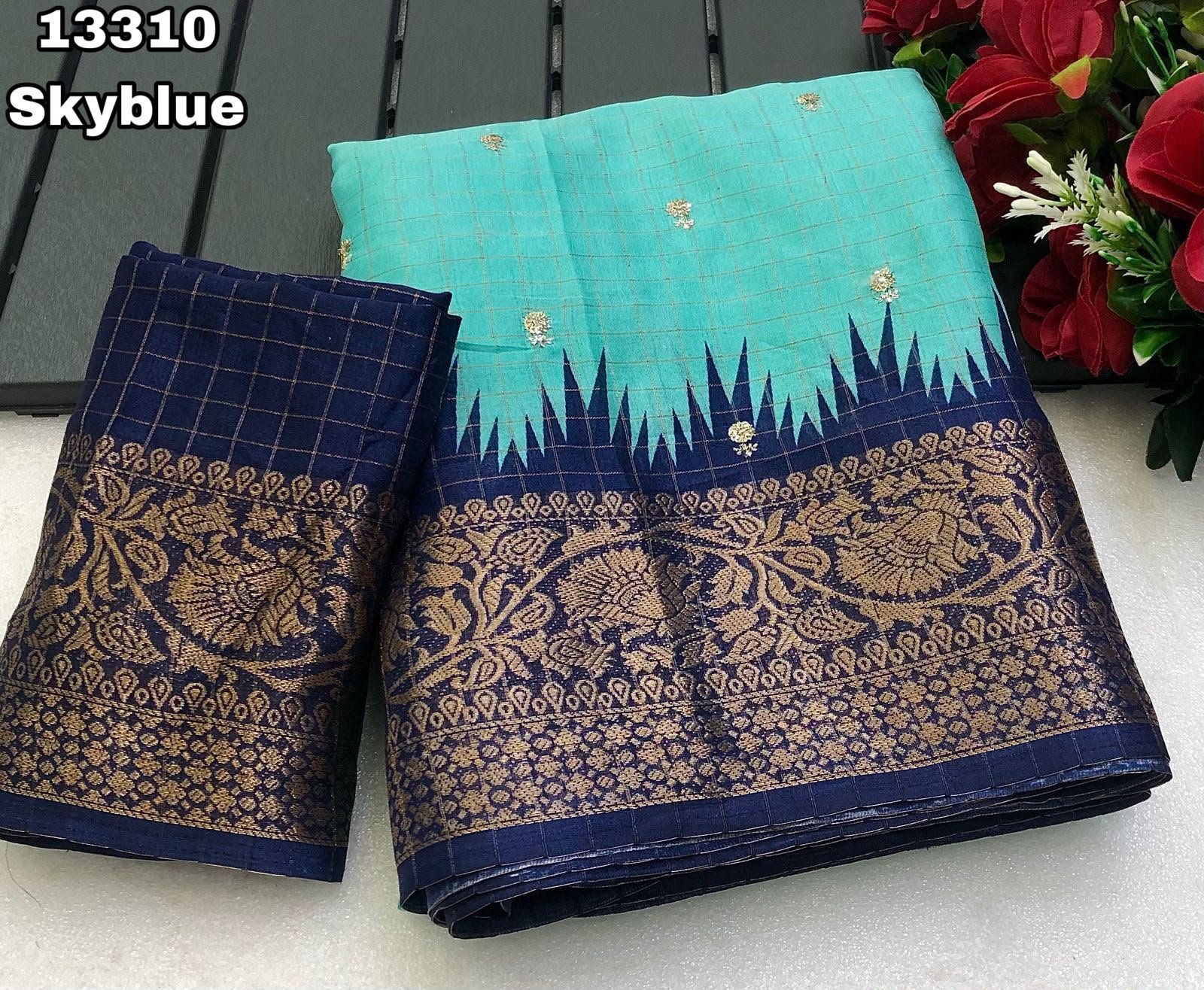 Premium Dola Chex Printed Saree With Sequence Embroidery Butti & Contrast Border - Image 2