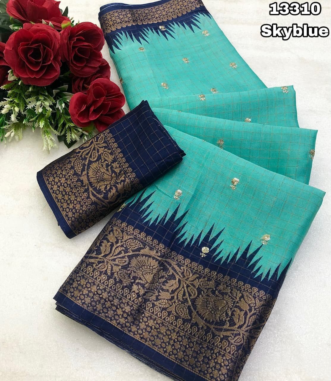 Premium Dola Chex Printed Saree With Sequence Embroidery Butti & Contrast Border - Image 4
