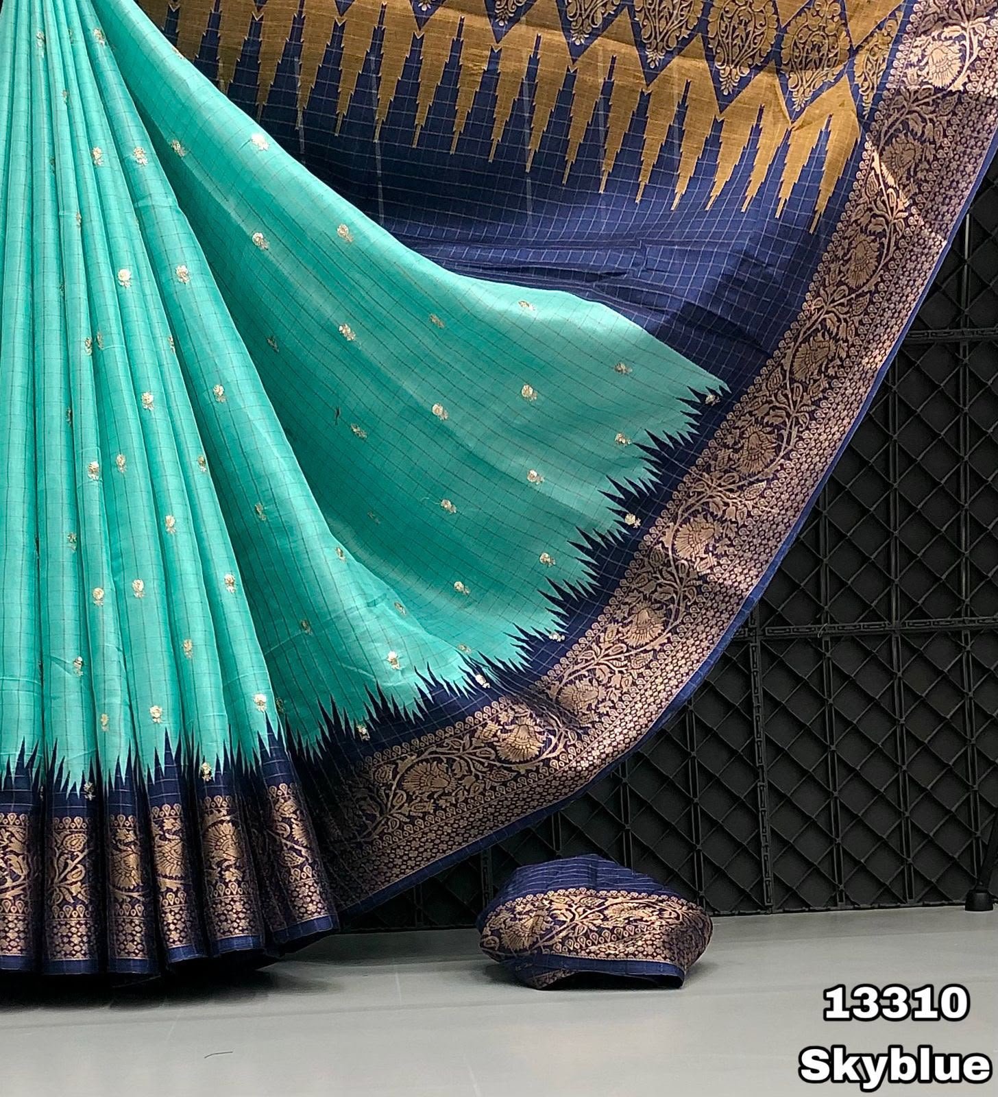 Premium Dola Chex Printed Saree With Sequence Embroidery Butti & Contrast Border