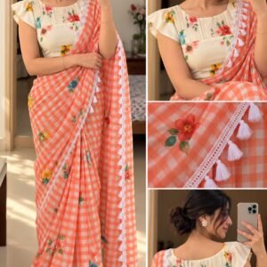 Pure Mal Cotton Saree with Digital Print, Lace Border & Cotton Fumka Detailing