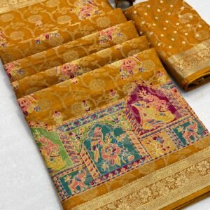 Premium Soft Dola Jacquard Saree with Kalamkari Print