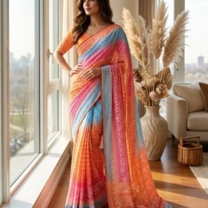 Soft Chinon Silk Saree with Hand Aari Work, Khatli Work and Real Mirror Embellishments