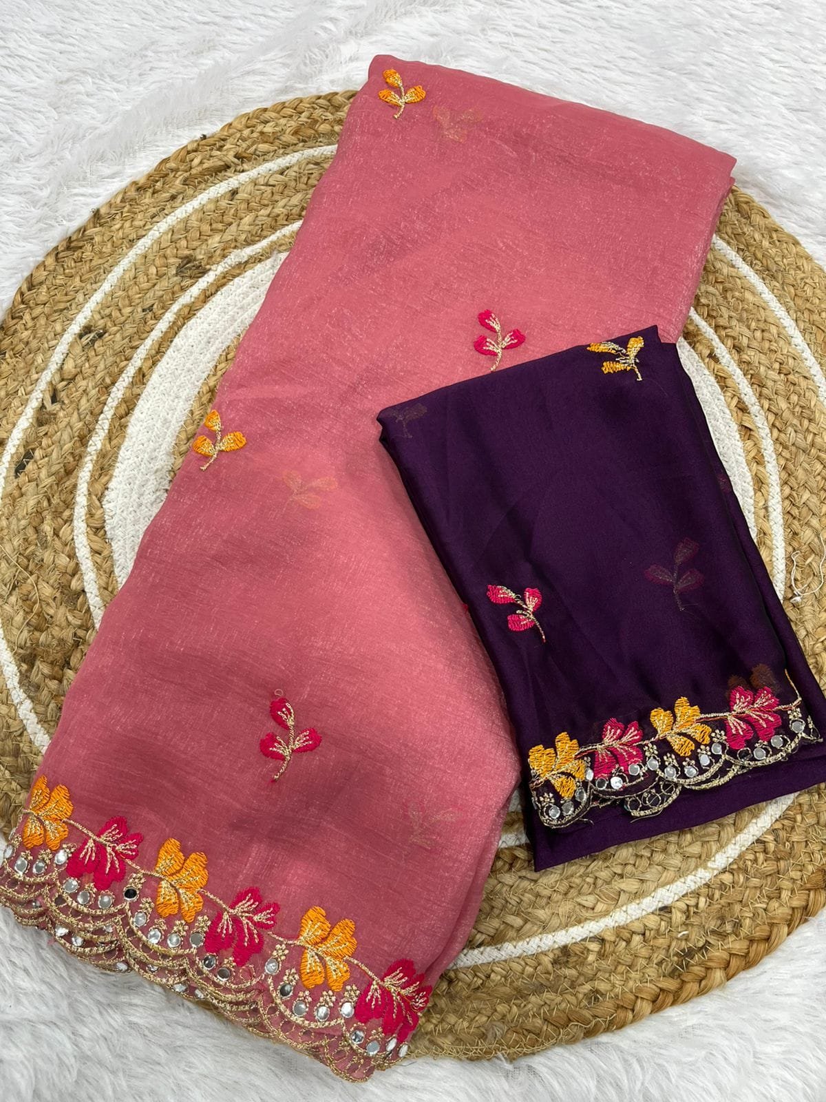 Premium Crunchy Chiffon Saree with Embroidery and Mirror Work - Image 5
