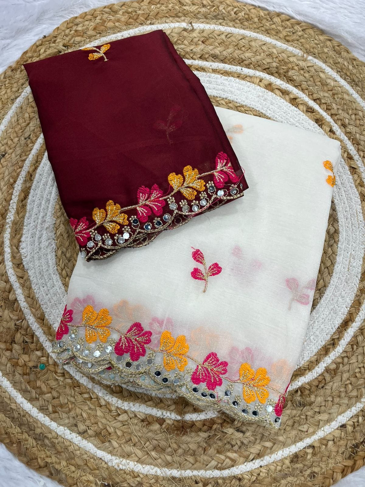 Premium Crunchy Chiffon Saree with Embroidery and Mirror Work - Image 6