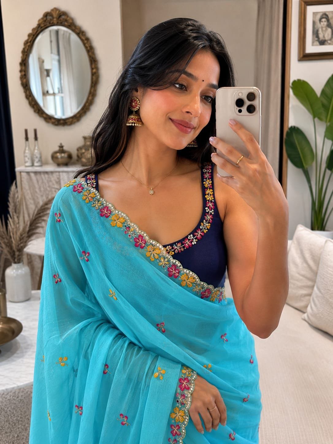 Premium Crunchy Chiffon Saree with Embroidery and Mirror Work - Image 7