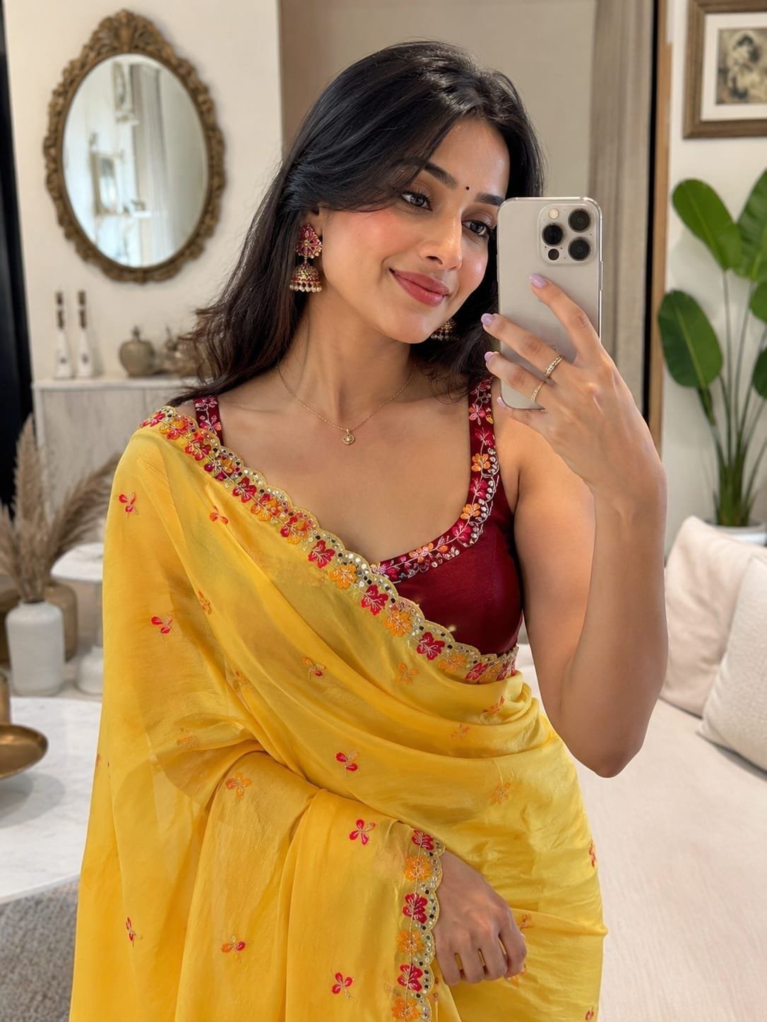 Premium Crunchy Chiffon Saree with Embroidery and Mirror Work - Image 8