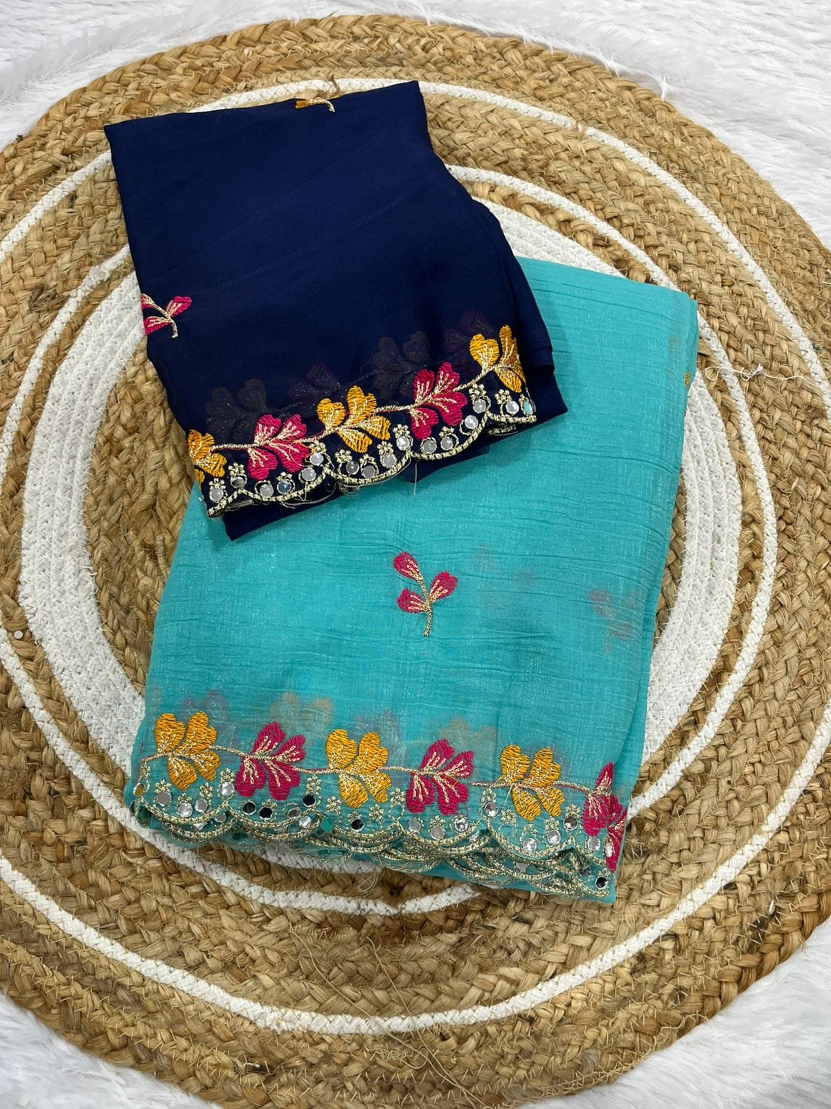 Premium Crunchy Chiffon Saree with Embroidery and Mirror Work - Image 9