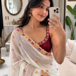 Premium Crunchy Chiffon Saree with Embroidery and Mirror Work