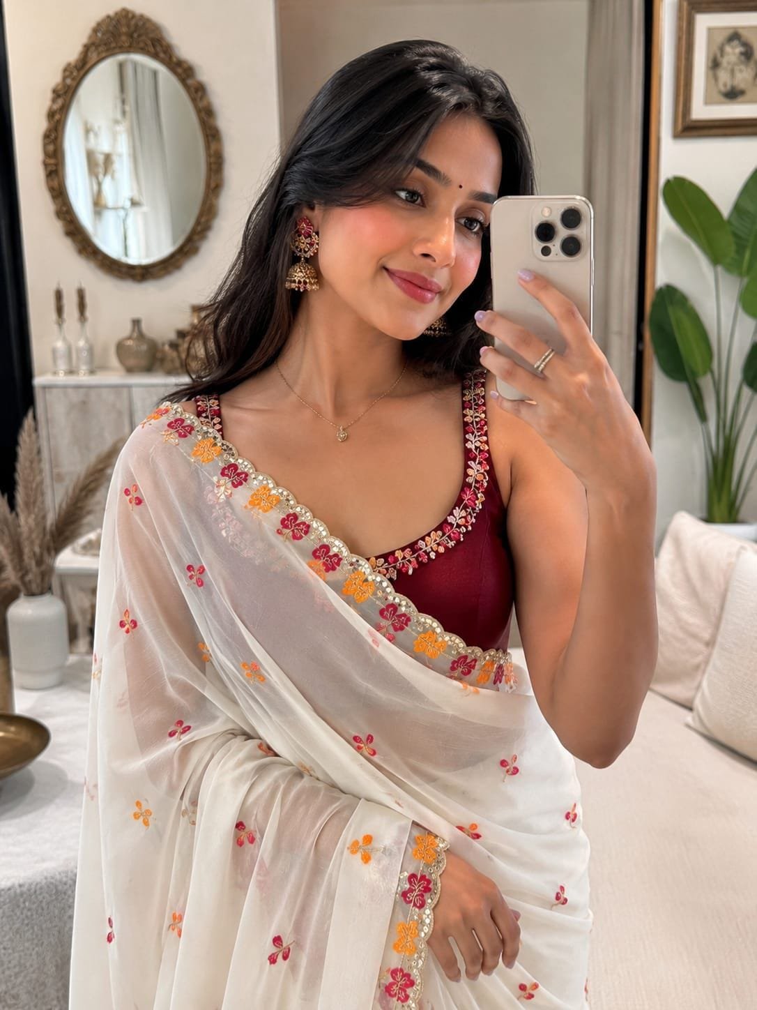 Premium Crunchy Chiffon Saree with Embroidery and Mirror Work