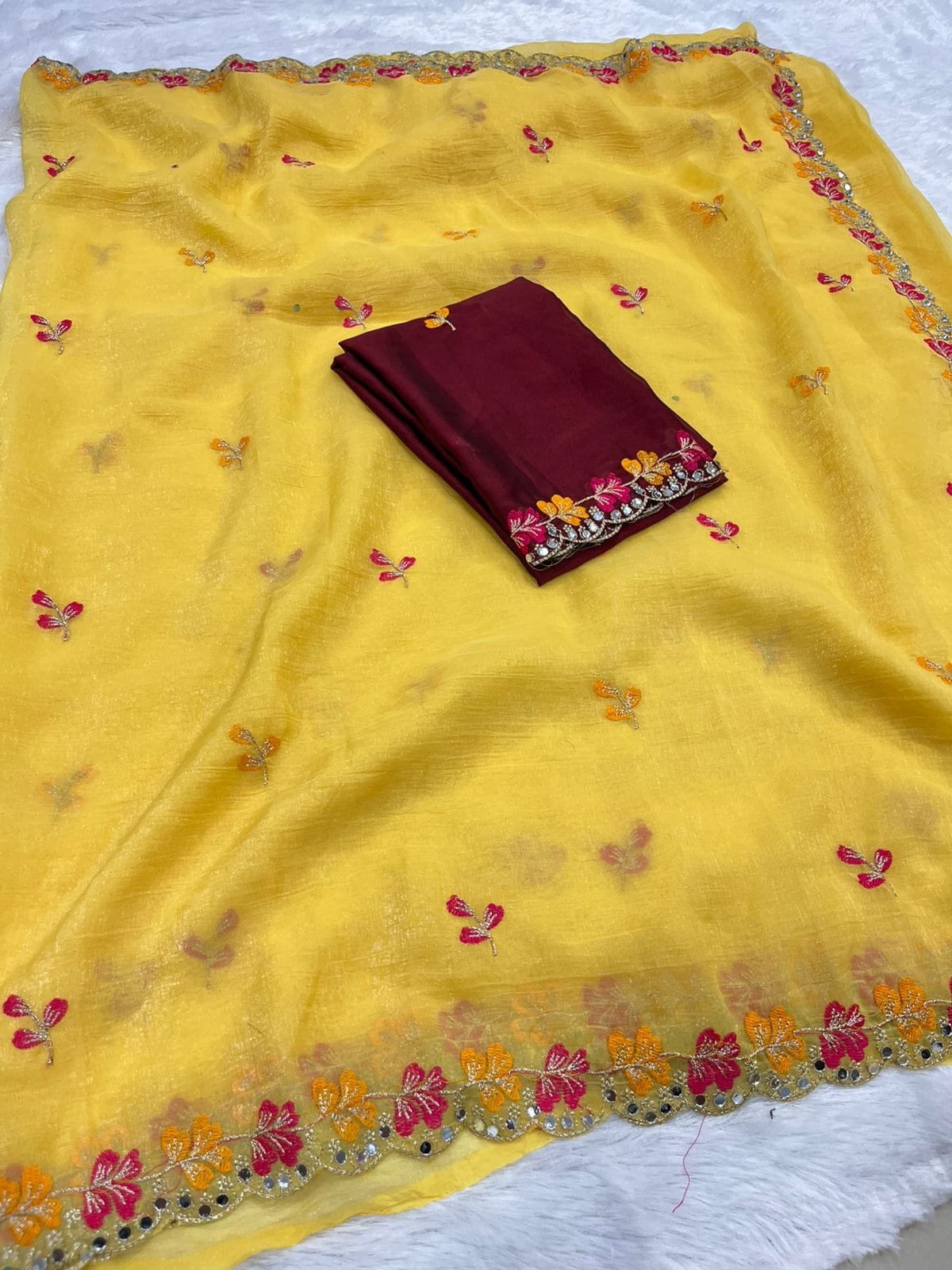 Premium Crunchy Chiffon Saree with Embroidery and Mirror Work - Image 12