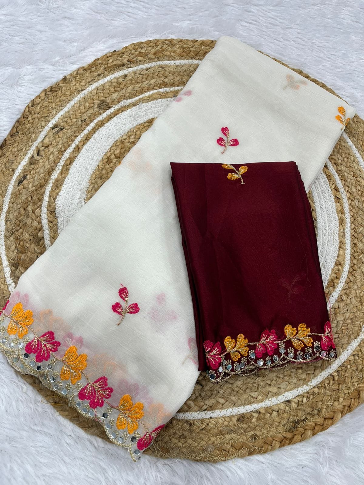 Premium Crunchy Chiffon Saree with Embroidery and Mirror Work - Image 13