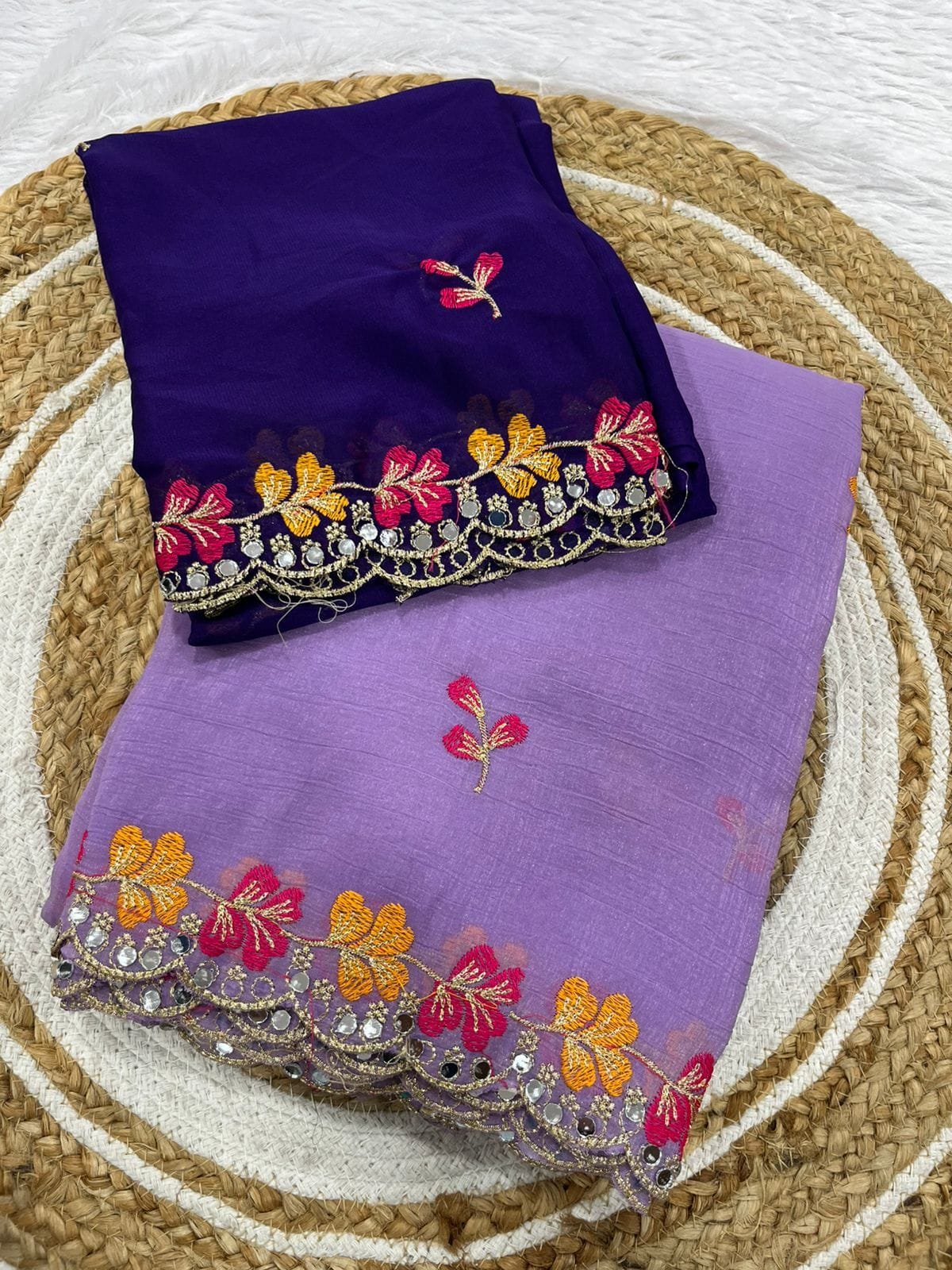 Premium Crunchy Chiffon Saree with Embroidery and Mirror Work - Image 19