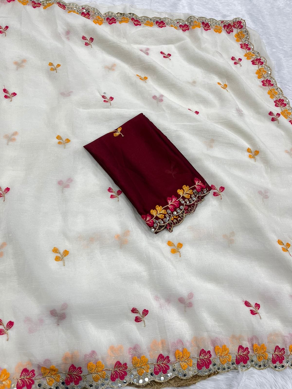 Premium Crunchy Chiffon Saree with Embroidery and Mirror Work - Image 20