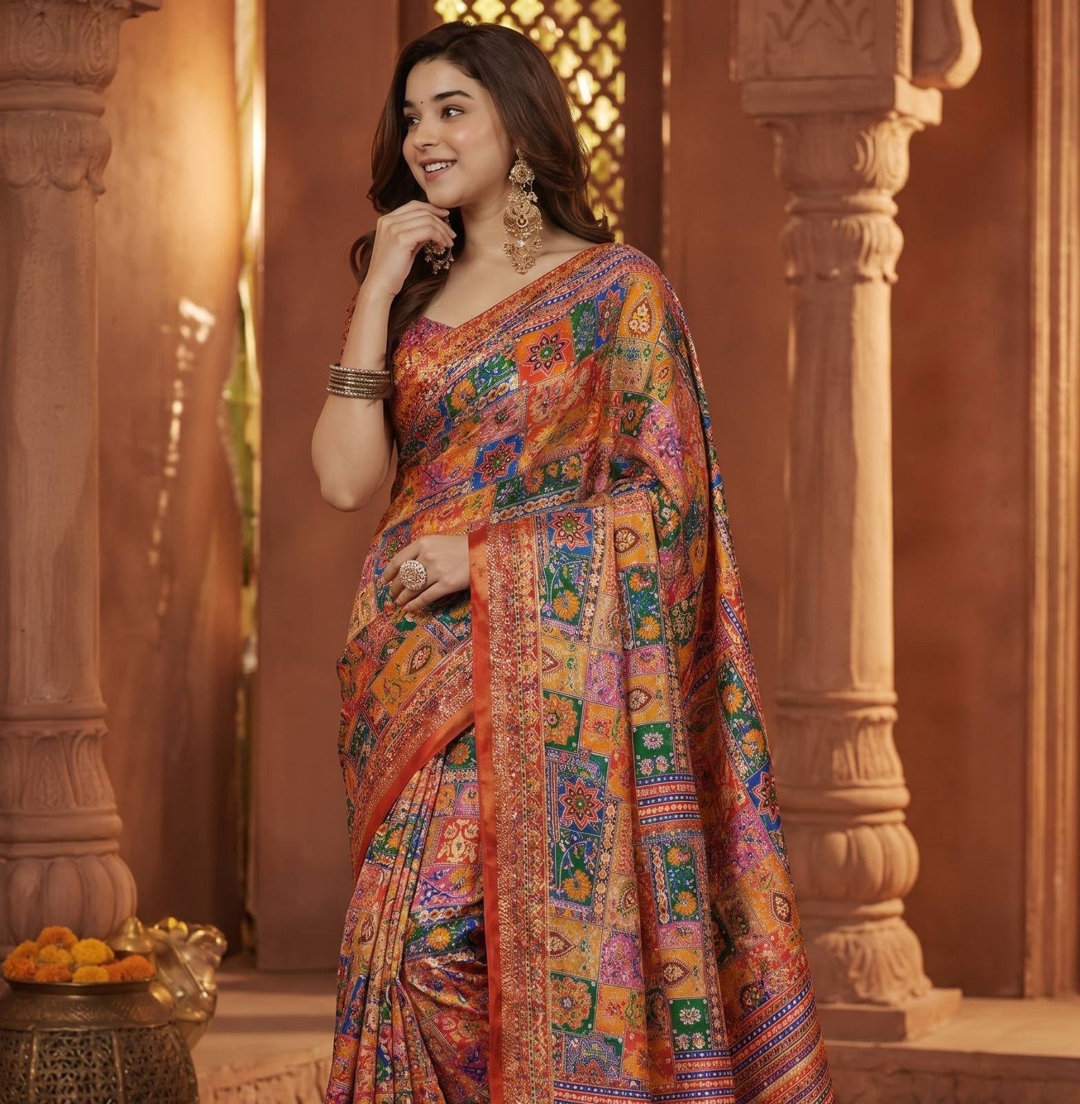 Soft Chinnon Mirror Work Saree