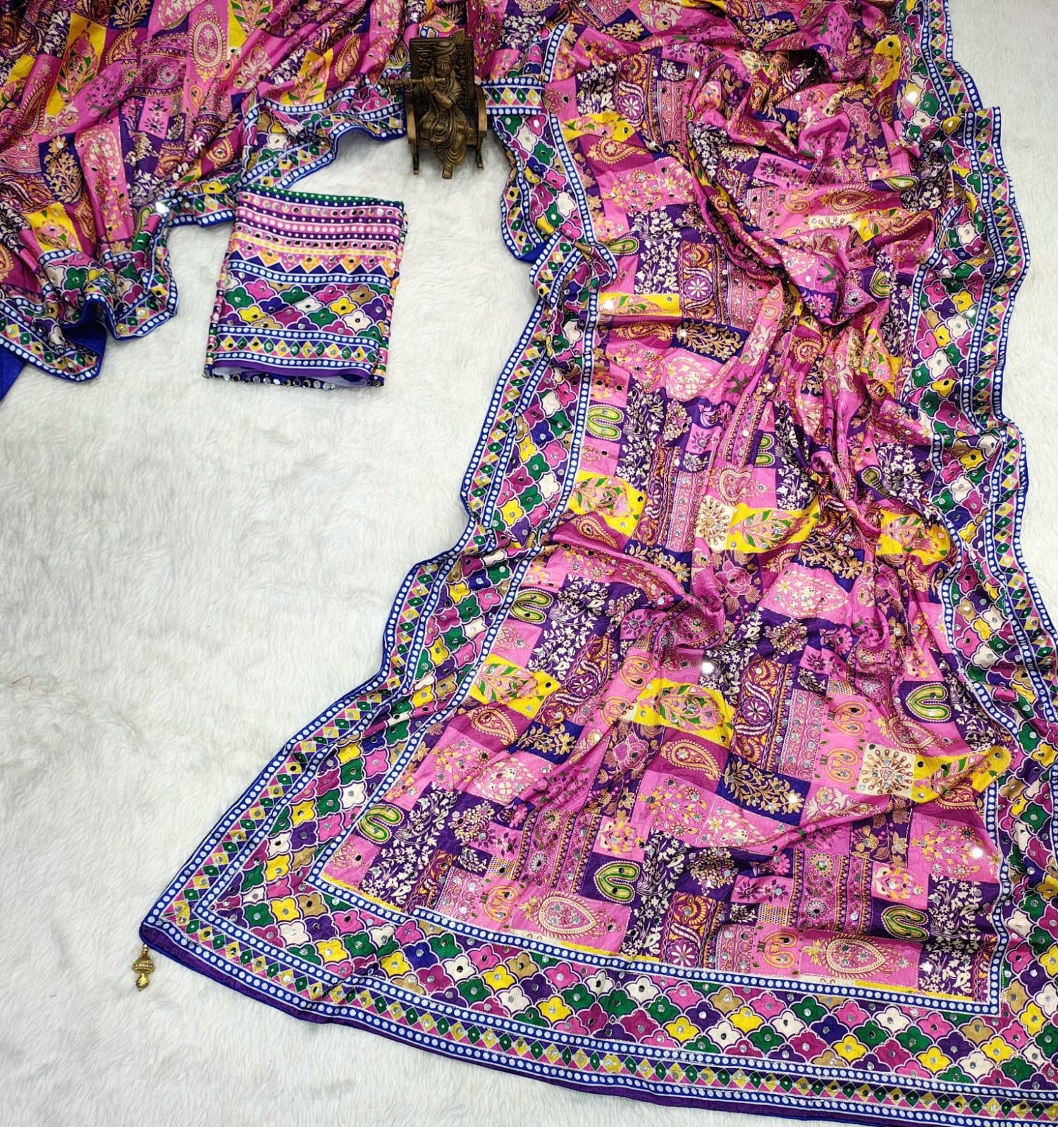 Soft Chinnon Printed Saree with Gold Zari & Real Mirror Work - Image 3