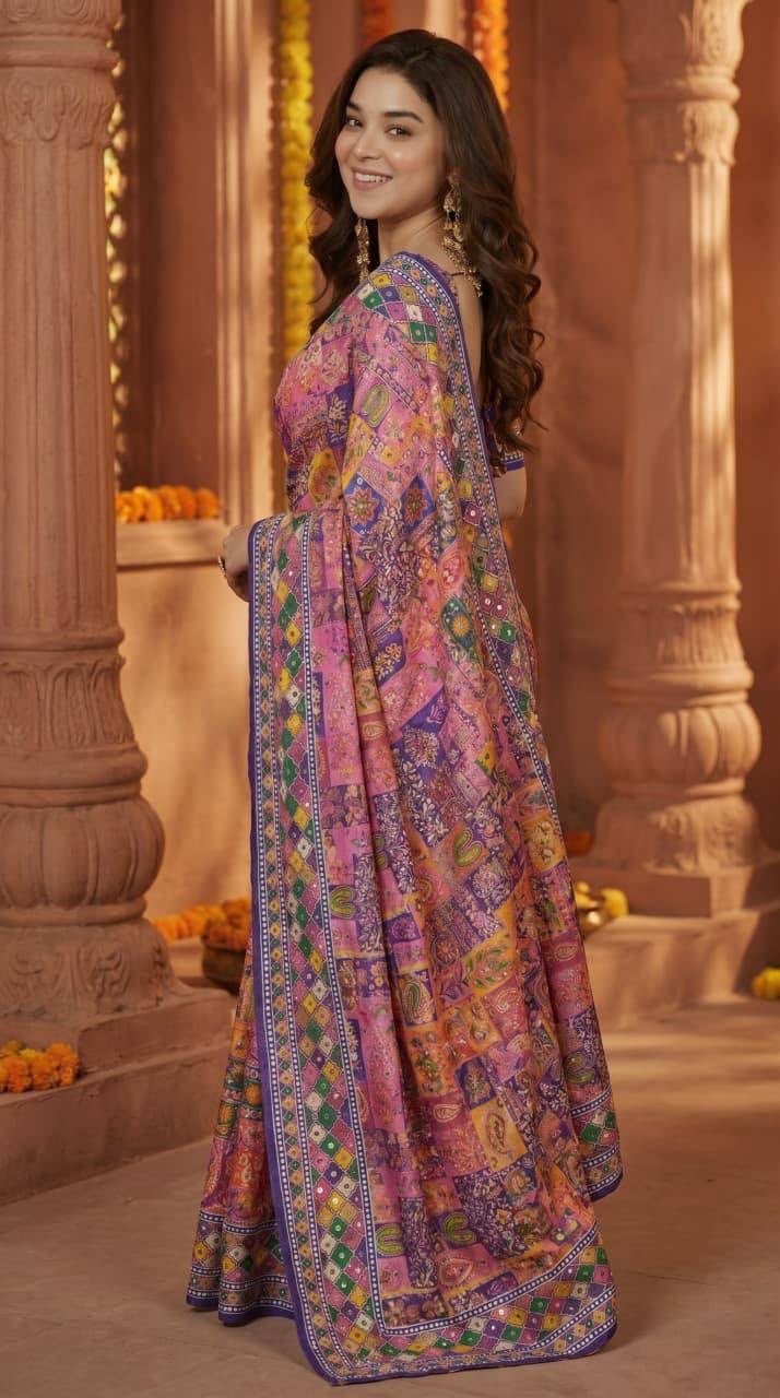 Soft Chinnon Mirror Work Saree